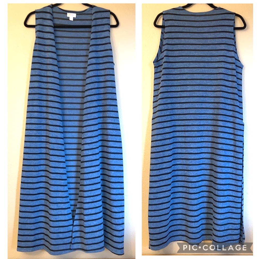 LULAROE JOY Size S Long Duster Vest Cardigan Sweater Denim Blue Black Striped